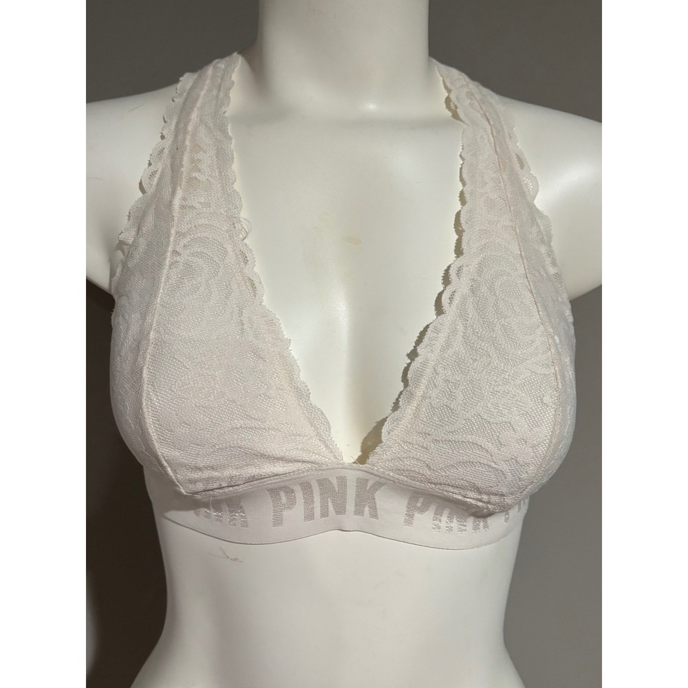 Victoria's Secret PINK Lace Triangle Bralette Cream T-Back Racerback Logo Band
